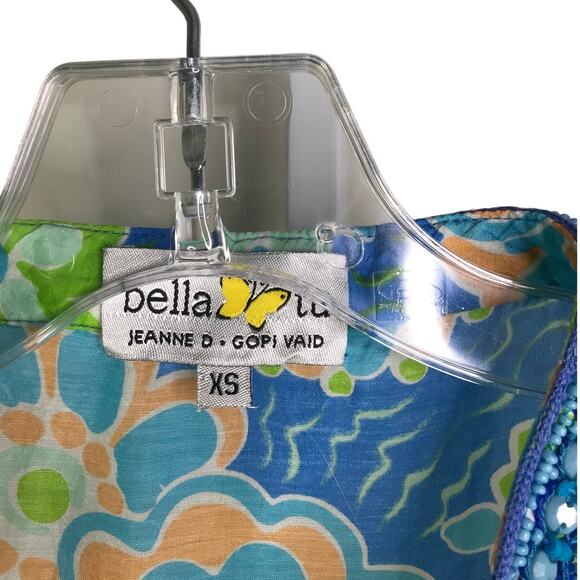 Bella Tu Top Wmns Sz XS Blue Floral V-Neck Beaded Collar Slit Side Pool Coverup - Picture 9 of 12